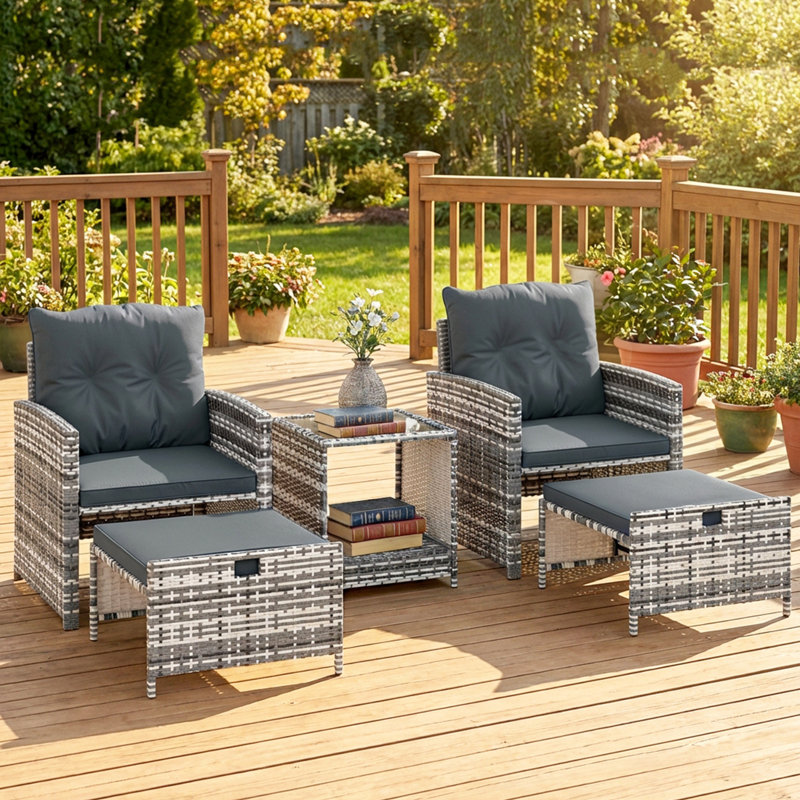 Ensemble de meubles de patio 5 pièces avec coussins de repose-pieds, brun / bleu, Bleu très foncé, Brun