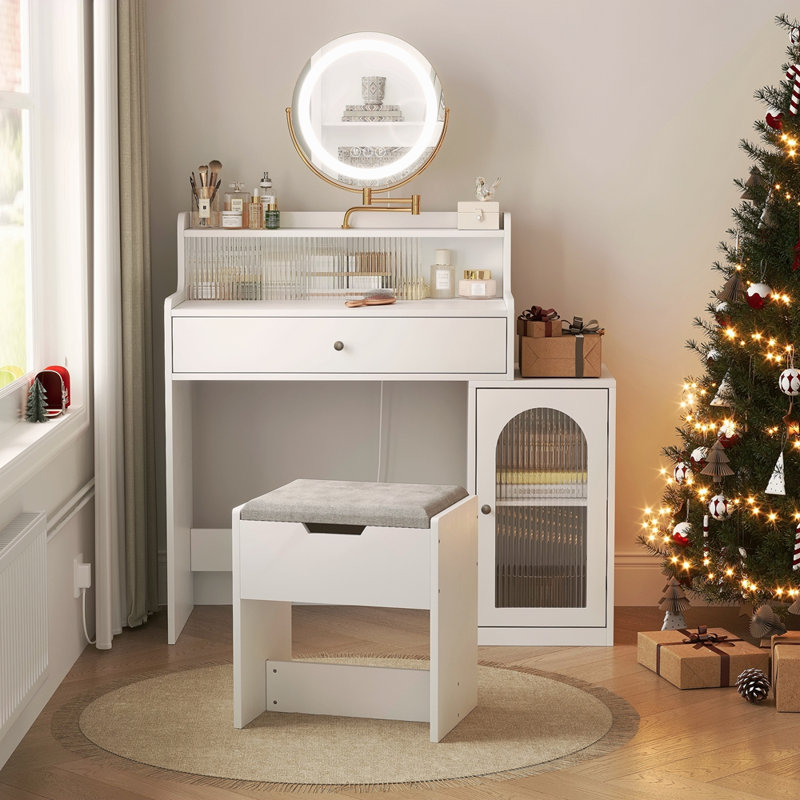 Bureau de coiffeuse blanc avec miroir pivotant à 360 ° et lumières réglables, coiffeuse pour filles avec fauteuil de rangement et armoire d'appoint avec portes en verre Waveform, coiffeuse avec tiroir pour la chambre à coucher