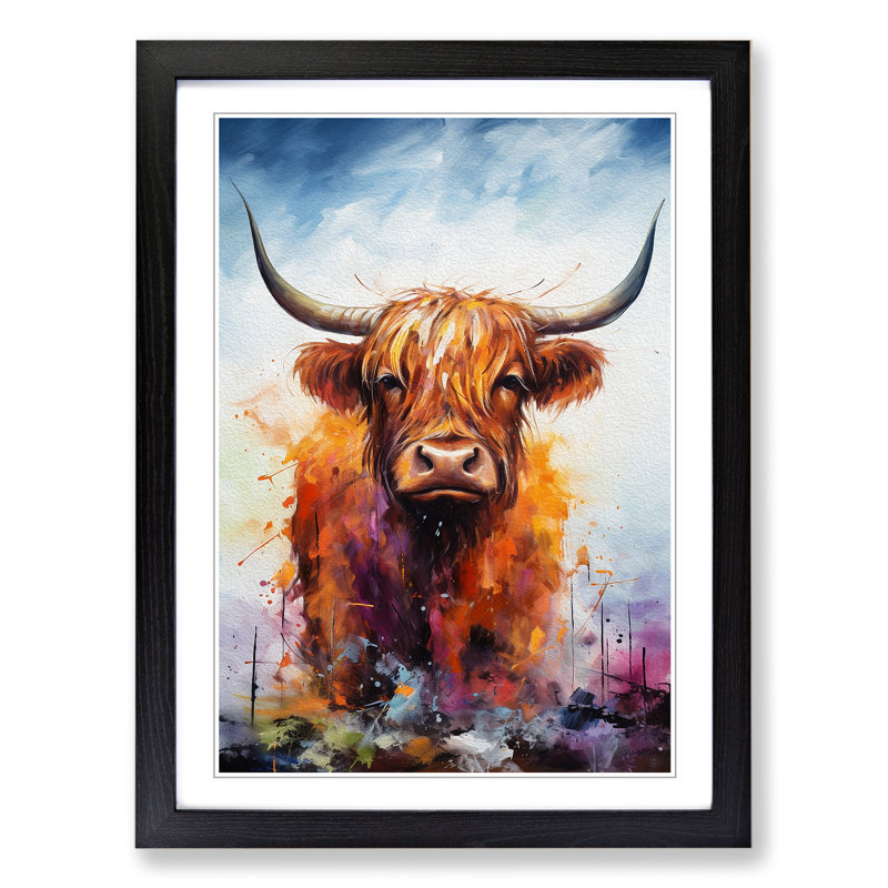 Highland Cow Action Painting - Single Picture Frame Print on Wood, 34cm H x 25cm W x 2cm D, Black