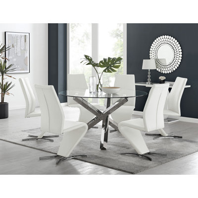 Vogo Modern Design Chrome and Glass Dining Table Set with 6 Modern Design Faux Leather Dining Chairs