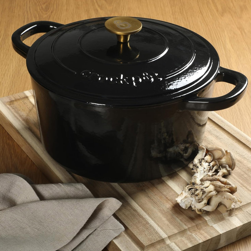 Crock Pot Artisan 7 Quart Oval Enameled Cast Iron Dutch Oven in Linen with Gold Handle, Black