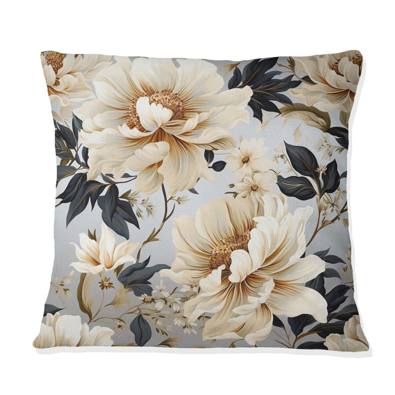Coussin décoratif à imprimé floral beige et pivoines neutres, H 16 po x l 16 po