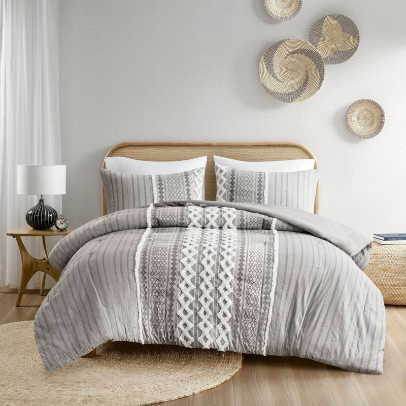 Ensemble d'édredon en coton avec chenille gris, Édredon double / double