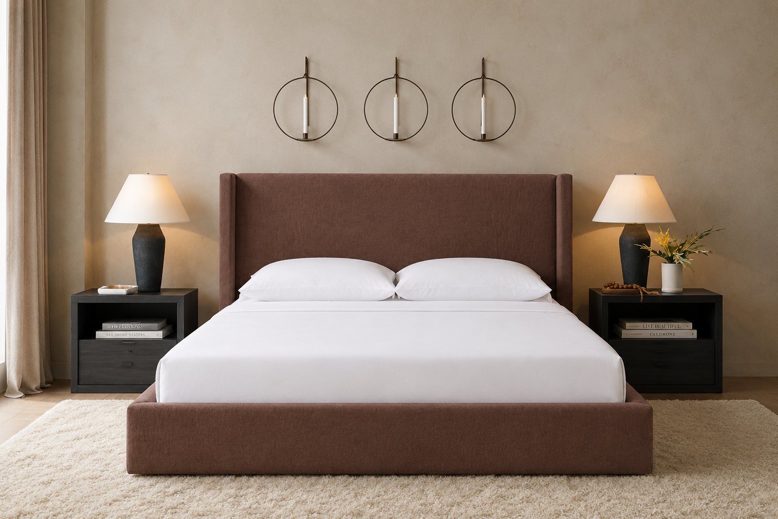 Mele Linen Upholstered Wingback Bed, Brown Velvet, King