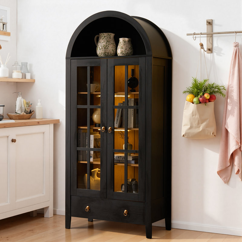 Modern Arched Black Display Cabinet With Glass Doors, Led Lighting, And Storage Drawer