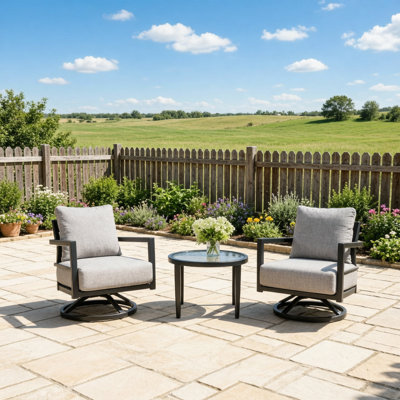 Mobilier de patio 3 pièces en aluminium pour l'extérieur, ensemble de conversation moderne avec chaise pivotante entièrement soudée, coussins Sunbrella, table d'appoint Elegance Arc 23,6 po avec plateau en pierre frittée d'inspiration marbre blanc grec, noir Ember