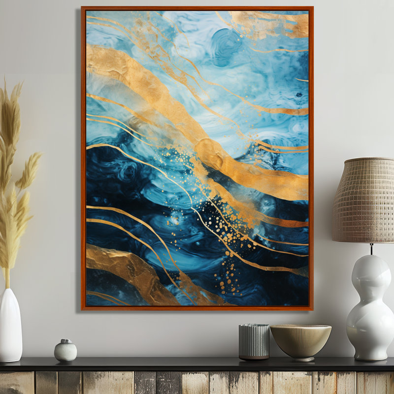 «Blue Sparkling Glam Gold Streams - Abstract Modern Waves», reproduction d'art murale, H 32 po x l 16 po x P 1 po