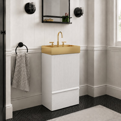 Meuble-lavabo à rayures blanc mat 20 po avec lavabo vasque en métal doré brossé intégré, armoire de salle de bain autoportante pour salle de bain moderne, lavabo en métal doré une pièce sans robinet, KD