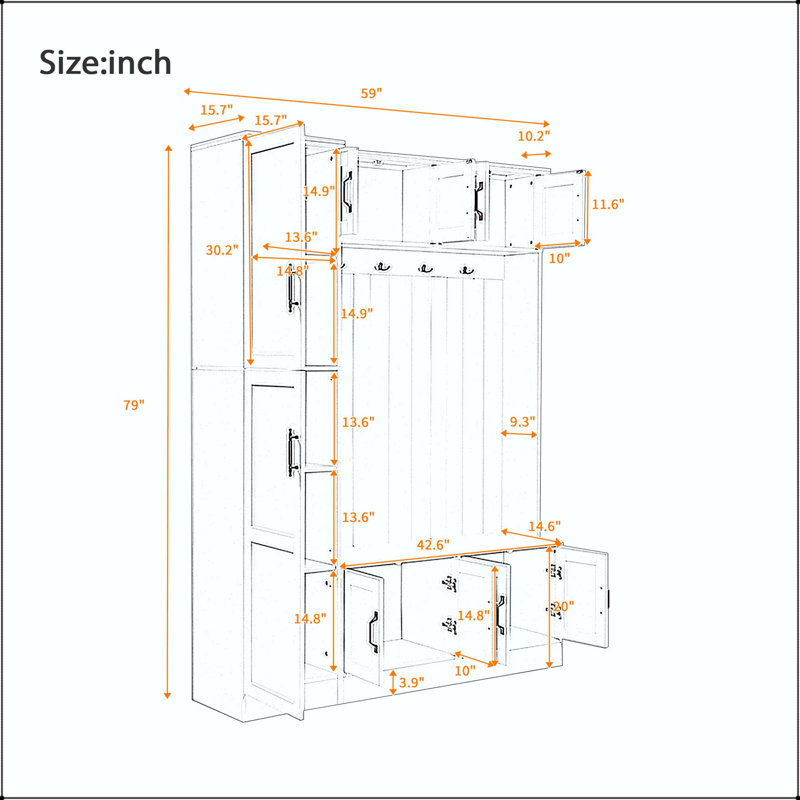 79" Tall Modern Hall Tree with Shoe Storage & 6 Cabinets, White