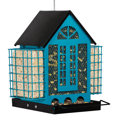  Mangeoire à oiseaux en forme de maison - Mangeoire pour oiseaux sauvages d'extérieur à suspendre avec cage de protection en métal, toit résistant aux intempéries et câble Easy-Hang - bleu et noir