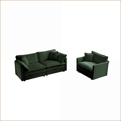 Causeuse 2 pièces Sofas & amp; Ensemble de chaises, structure en bois massif pour le salon, la chambre à coucher | Vert sauge | Vert | Chenille