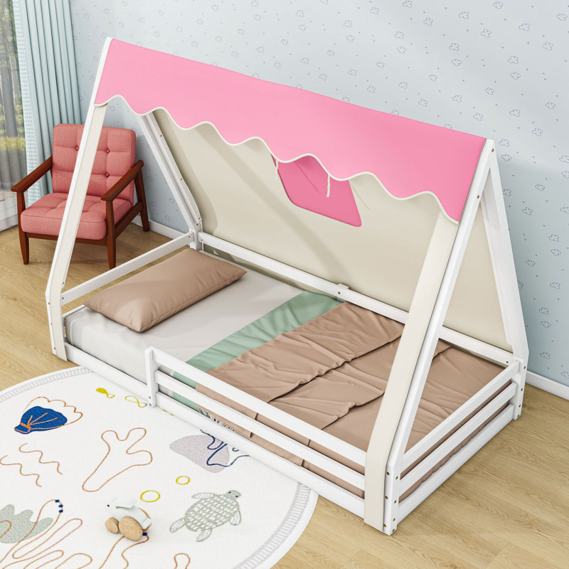 Lit sur pied Montessori House avec tente, lumières et garde-corps pleine longueur, Lit simple, Rose blanc