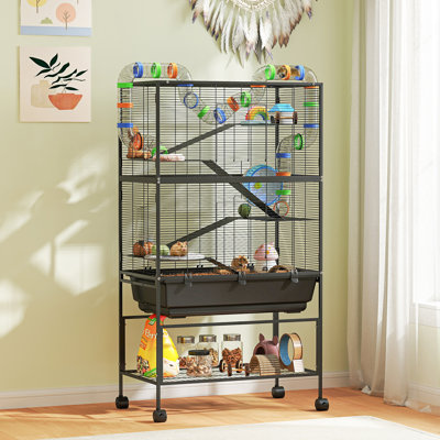 Hamster Cage with Deep Tray, 5 Tier Rolling Rat Cage with Storage Shelf, Big Exercise Wheel, Tube System, Hut, Platforms, Ramps, Food Dish, Water Bottle, for Syrian, Gerbil, Mouse