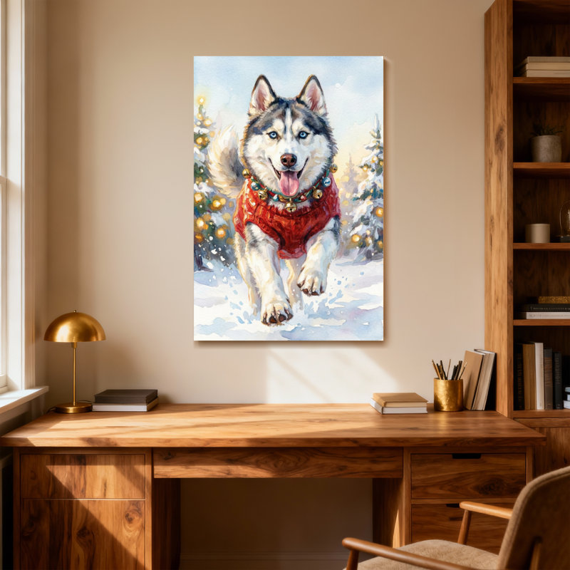 Animaux Husky portant un chandail rouge dans une scène de Noël enneigée, H 36 po x l 24 po