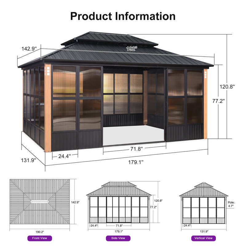 Purple Leaf Patio Hardtop Gazebo Double Top Outdoor Screen House Aluminum Solarium Backyard Sun Room With Detachable Windows with 48 FT String Light