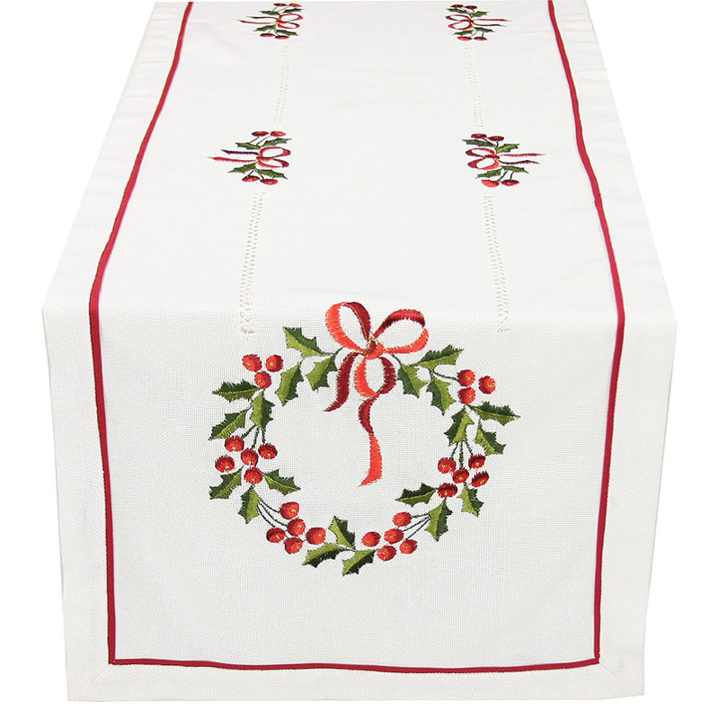Country Wreath Embroidered Hemstitch Holiday Table Runner, 72" L x 15" W