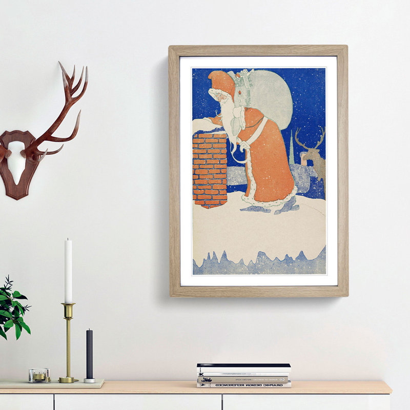 Father Christmas with Reindeer - Picture Frame Painting Print, Oak, 76cm H x 50cm W x 2cm D