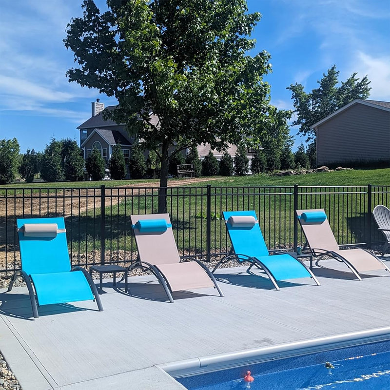 Outdoor Rust-Resistant Metal Chaise Lounge Set with Table, Turquoise Blue