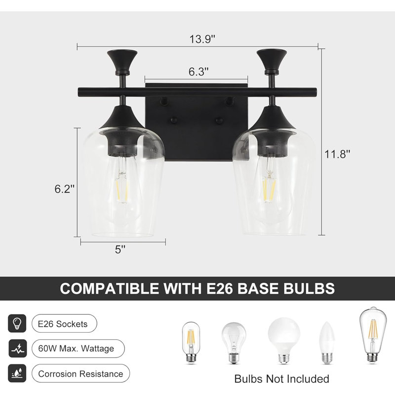 Modern Bathroom Vanity Light Fixture With Clear Glass Shades, 2-Light Wall Sconce For Bathroom, Bedroom, And Hallway, 