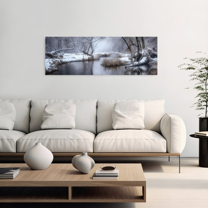 Misty Winter Stream Peaceful Serene Tranquil Forest Landscape, art mural, H 48 po x l 16 po