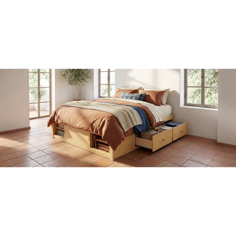 Platform Bed Frame with 4 Storage Drawers and Footboard Storage Cubby, No Headboard, Natural