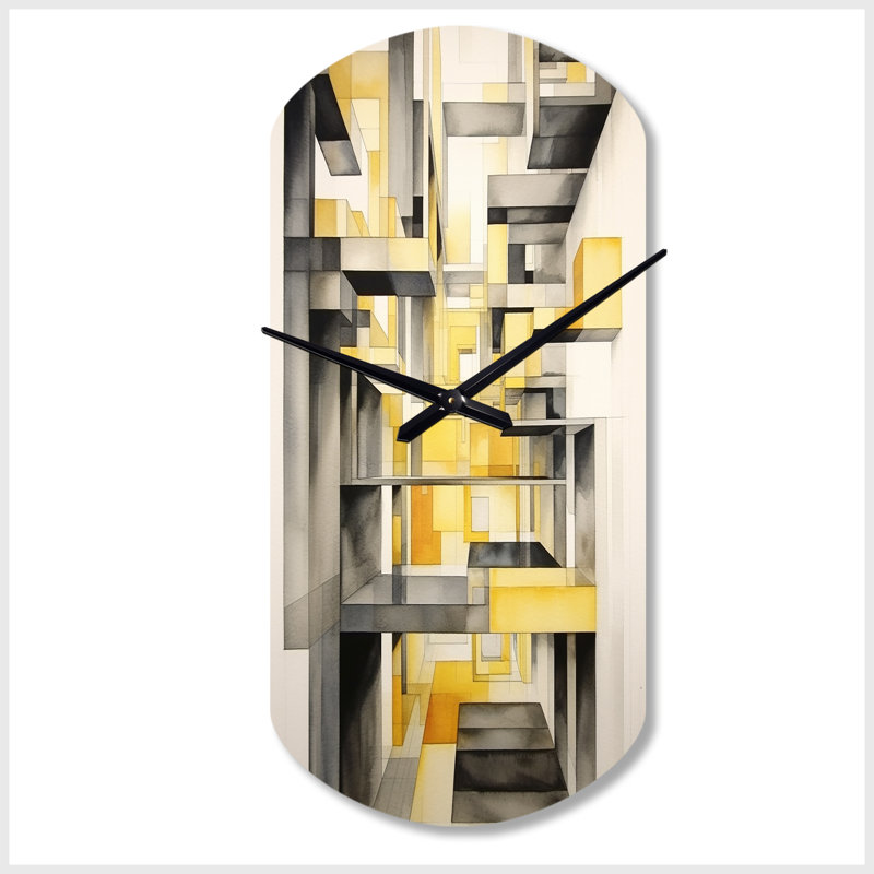 Horloge murale asymétrique en métal jaune et gris, formes abstraites, horloge murale cylindrique jaune, Petit