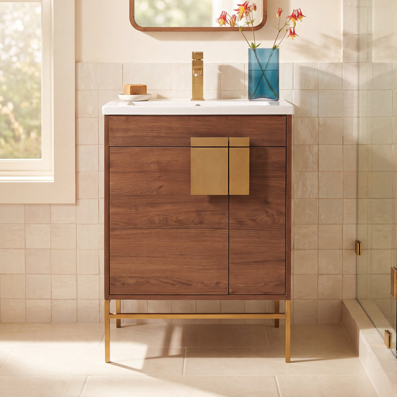 Maisie 24'' Single Bathroom Vanity with Solid Wood Top, Satin Brass, Spicy Walnut