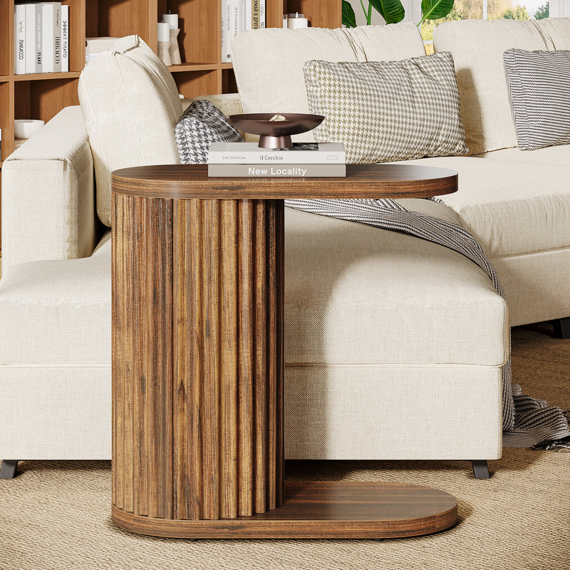 Narrow Fluted C-shaped End Table, Rustic Brown