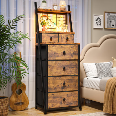 6 Drawer Dresser For Bedroom With Metal Mesh Shelf, Tall Dresser With Led Lights