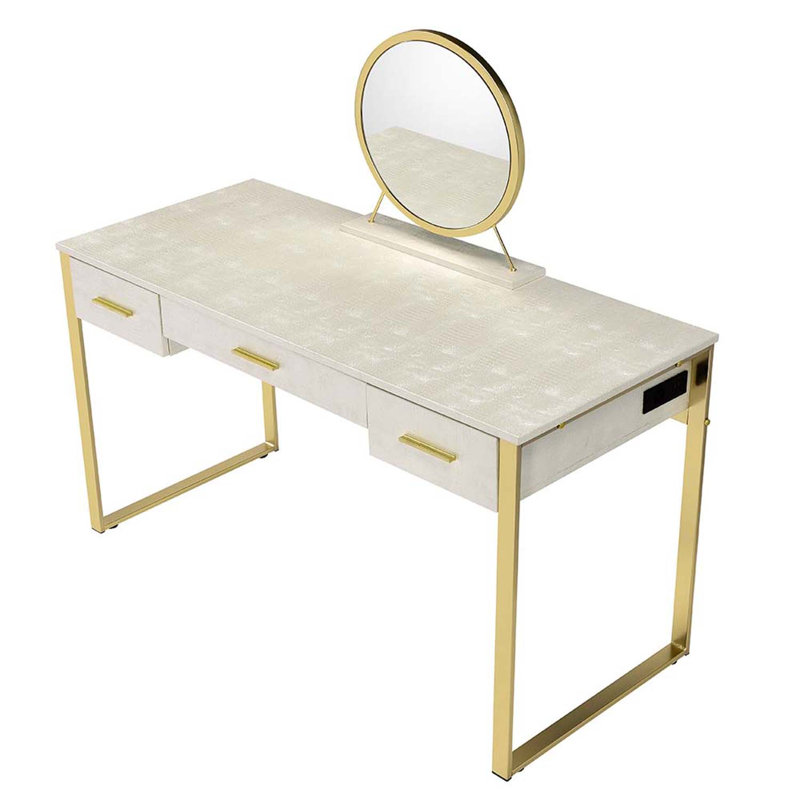 Ensemble de coiffeuse avec tabouret Myles, finition blanc antique et champagne, Blanc antique et champagne