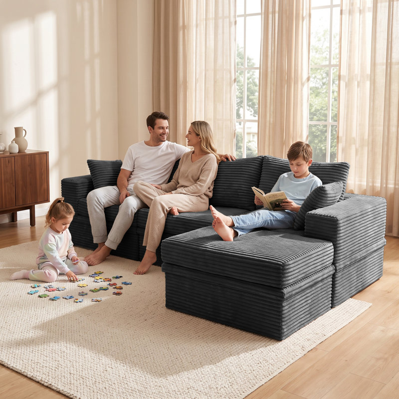 Canapé de coin modulaire 3 places en velours côtelé, 107 pouces, avec rangement et pouf., Dark Grey