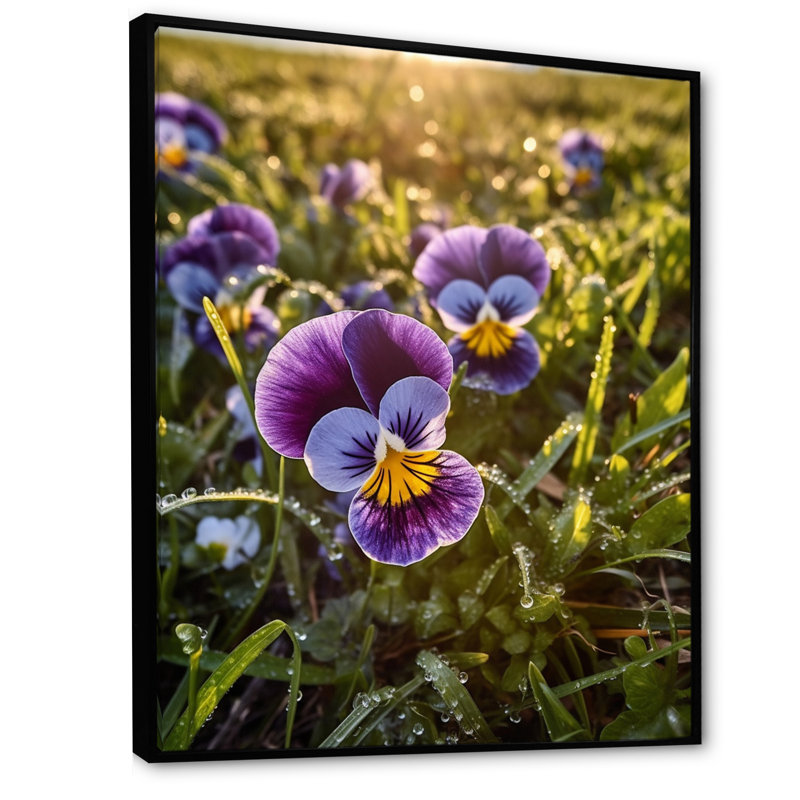«Mauve, jaune, nature, pensées, V», sur toile, H 32 po x l 16 po x P 1 po, Cadre flottant noir