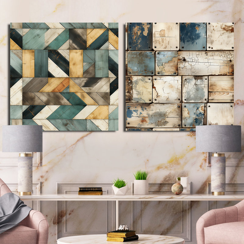Planche cubique jaune et bleu rustique - Ensemble de 2 collages abstraits carrés, Toile tendue, H 16 po x l 33 po