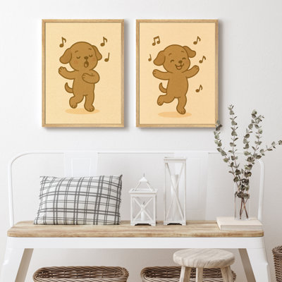 Singing and Dancing Puppies Framed Print Wall Art Set - 2-Piece Adorable Cartoon Dog Music Scene, Whimsical Artwork for Nursery, Playroom, or Kids’ Room Decor