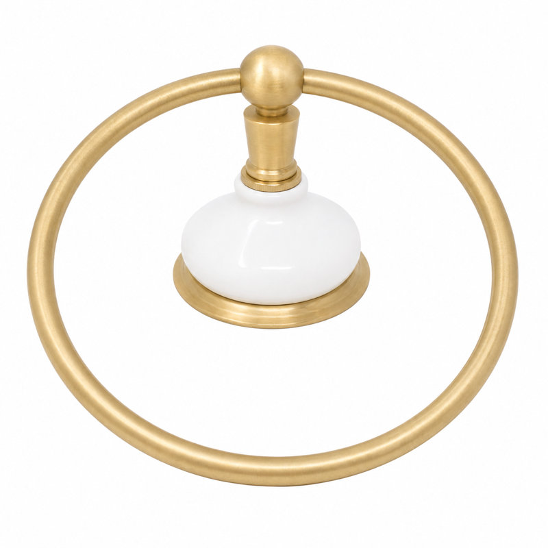 Columbia Porcelain Wall Mount Towel Holder Ring, Solid Brass and Mounting Hardware, Unlacquered Raw Brass