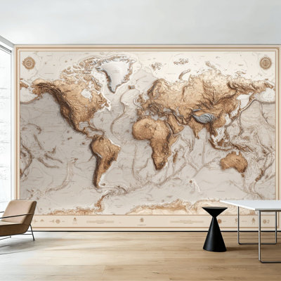 Peler et coller, papier peint, carte du monde, topographie physique détaillée, art mural détaillé, auto-adhésif et amovible