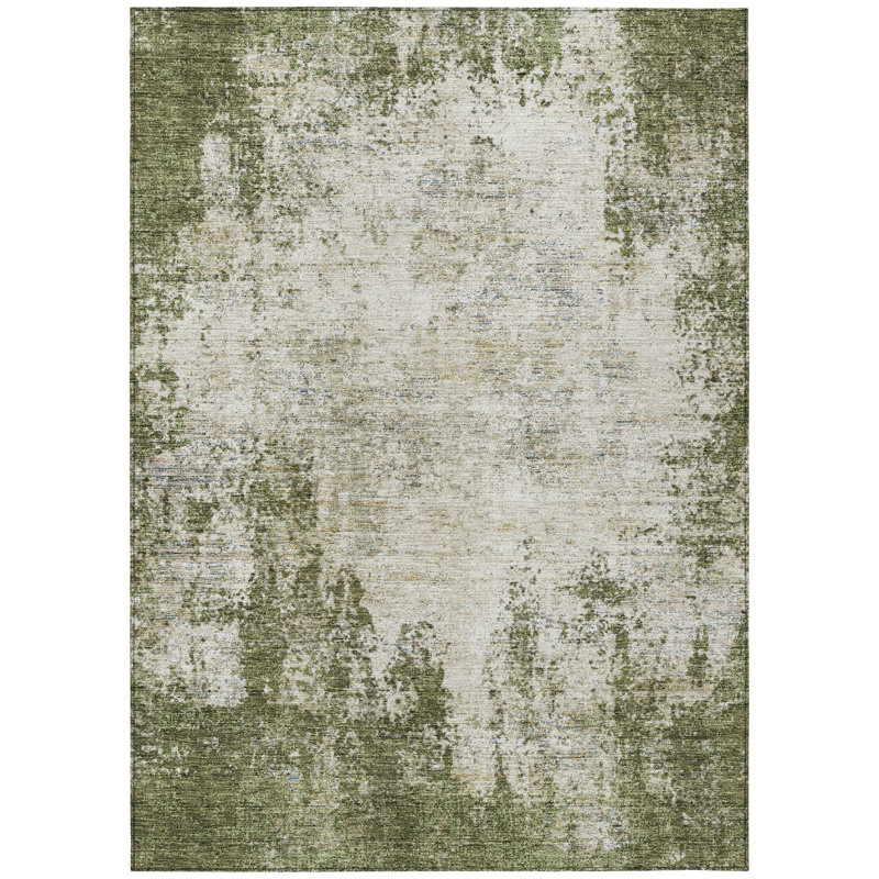 Tapis extérieur lavable abstrait vert olive et ivoire 5 pi x 8 pi