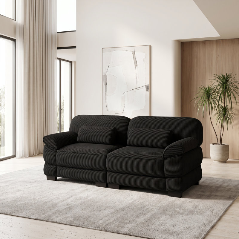 Canapé brun en velours côtelé à 2 places avec sièges profonds moelleux, coussins épais et structure en bois massif brun, Noir