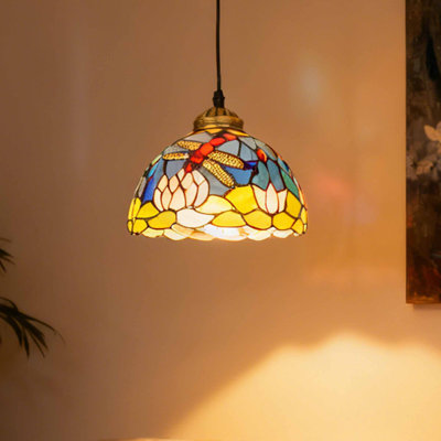 Single Dimmable Tiffany Style Stained Glass Pendant Light With Lotus And Dragonfly Pattern