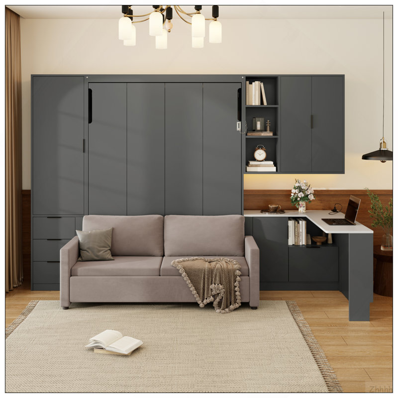 Grand lit escamotable mural avec rangement hydraulique, canapé, tablettes et tiroirs, éclairage DEL / USB, panneau gris foncé