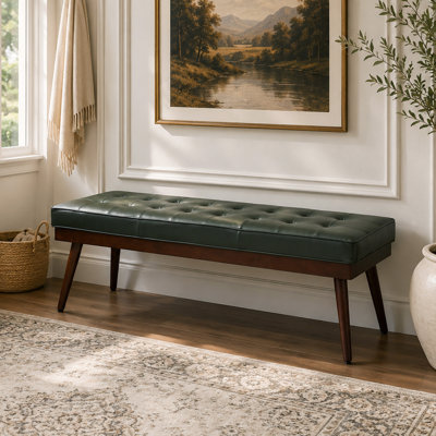 Mid - Century Modern Tufted Genuine Leather Bench with Solid Wood Legs