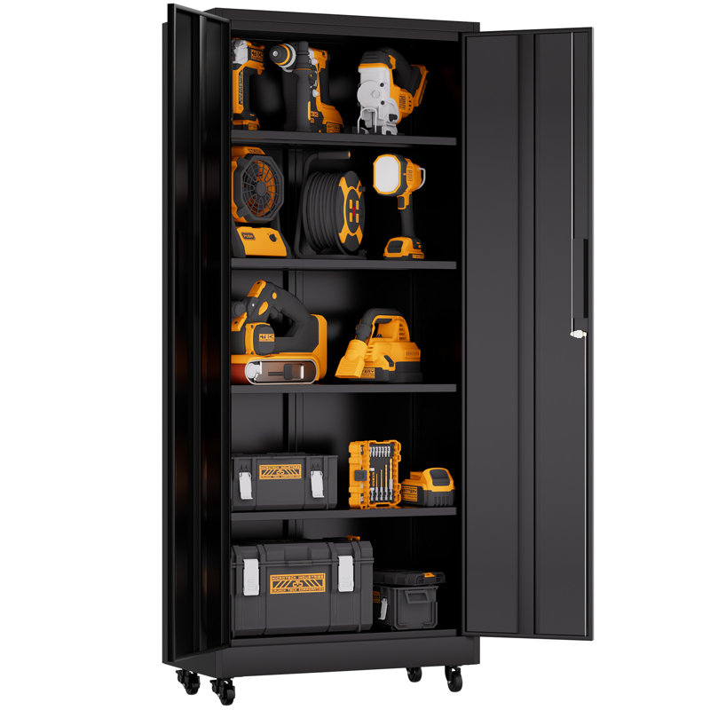 Armoire de rangement en métal 71 po avec roulettes et serrure, armoire en métal robuste à roulettes, 4 tablettes réglables (180 lb chacune), sécurité verrouillable à 3 points, pour l'organisation d'outils dans le garage, atelier, bureau
