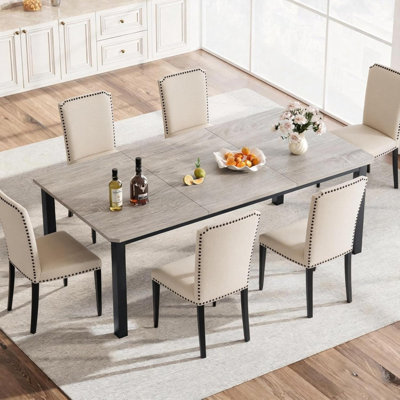 7-Piece 78.7” Dining Table Set with 6 Upholstered Chairs – Industrial Kitchen Table, High Back Dining Chair with Wood Legs for Family Dining