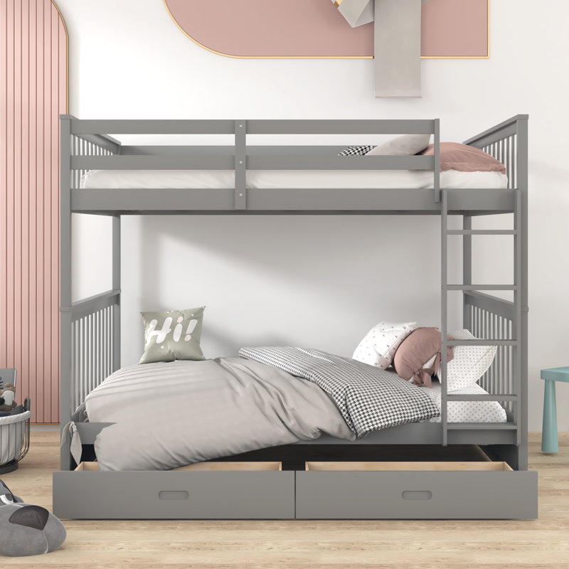 Felske Kids Bunk Bed with Drawers, Gray,  Full over Full