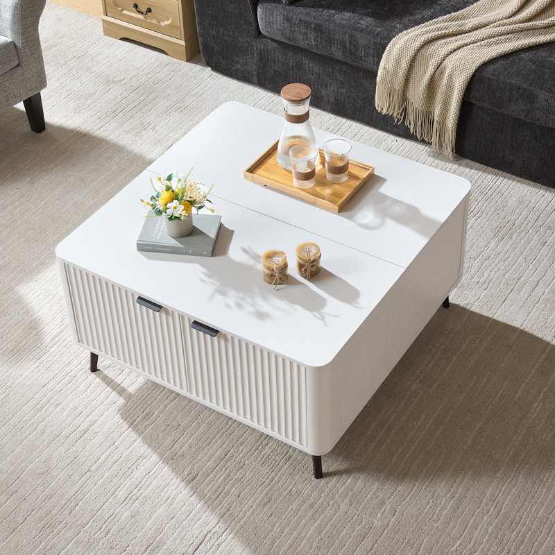 Veronica Brottman Lift Top Coffee Table with Hidden Storage, 35.4" Square Fluted Center Table, Mid-Century Modern Design, Grey