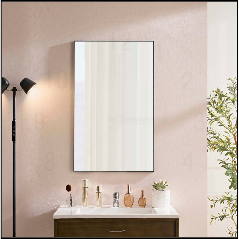 60x22 Inch Glossy Black Bathroom Mirror, Rectangular Wall-Mounted Vanity Mirror with Metal Frame, Modern and Minimalist Design for Versatile Use