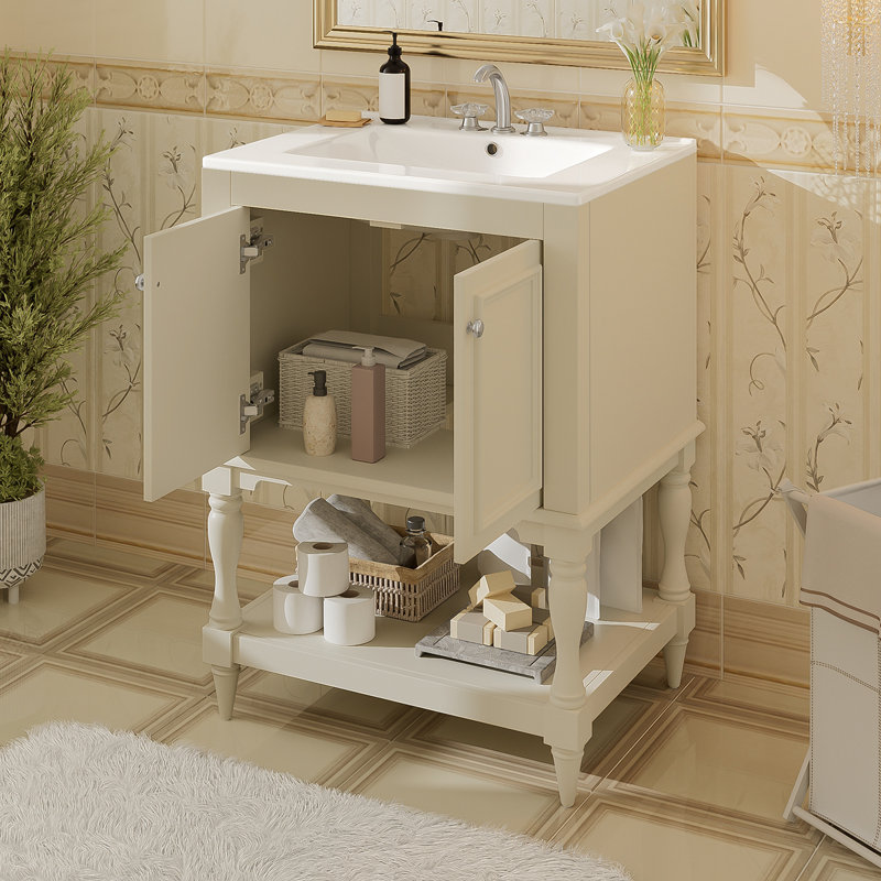 Meuble-lavabo de luxe moderne de 24 po avec lavabo en céramique, meuble de salle de bain avec tablette ouverte et rangement fermé