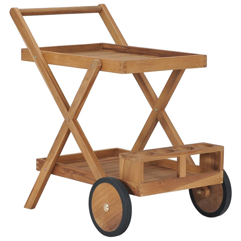 Medium Teak Wood Rectangular Bar Cart with Wine Rack
