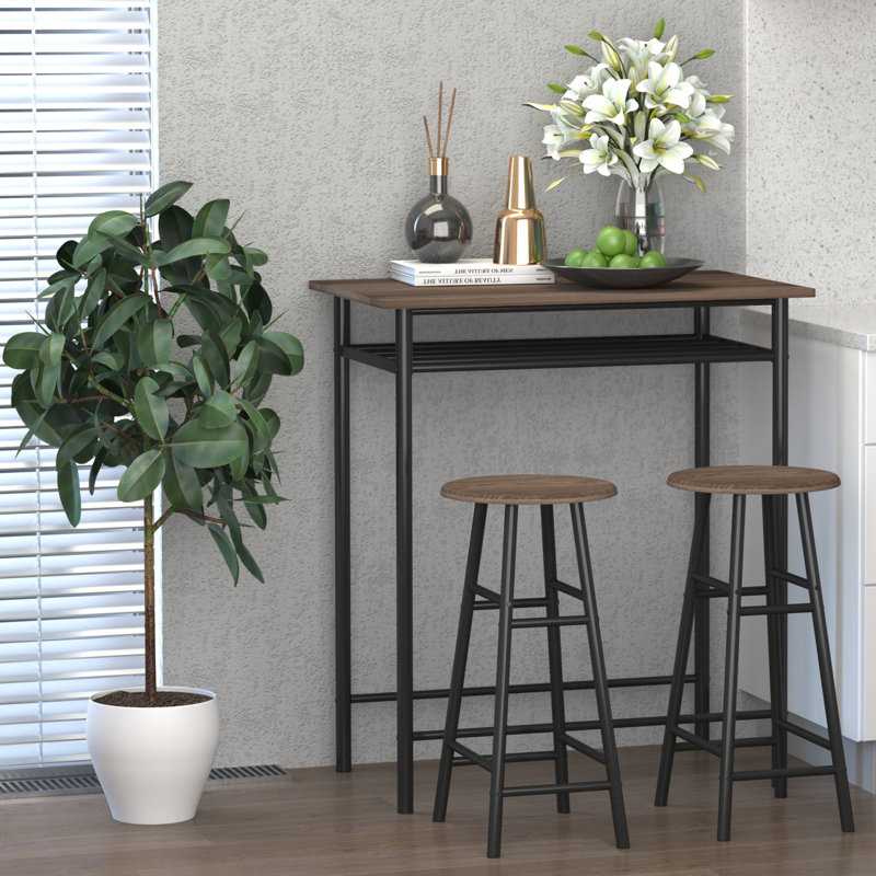 Ensemble de table de bar et de chaises à hauteur de comptoir 3 pièces, table de salle à manger compacte avec 2 tabourets assortis, tablette de rangement et repose-pieds en métal
