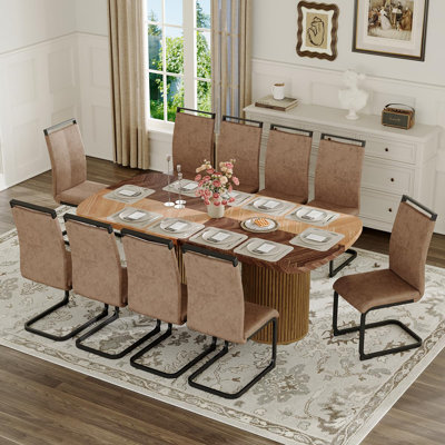 79" Wooden Dining Table Set For 10,Large Dining Room Table Set For 10 With Fluted Double Pedestal Base & Cushioned Chairs